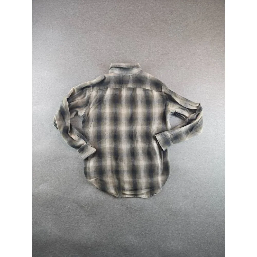VTG UNIF Men's Small Plaid Flannel Chambray Blue & Beige‎ Button Up Grunge Woods